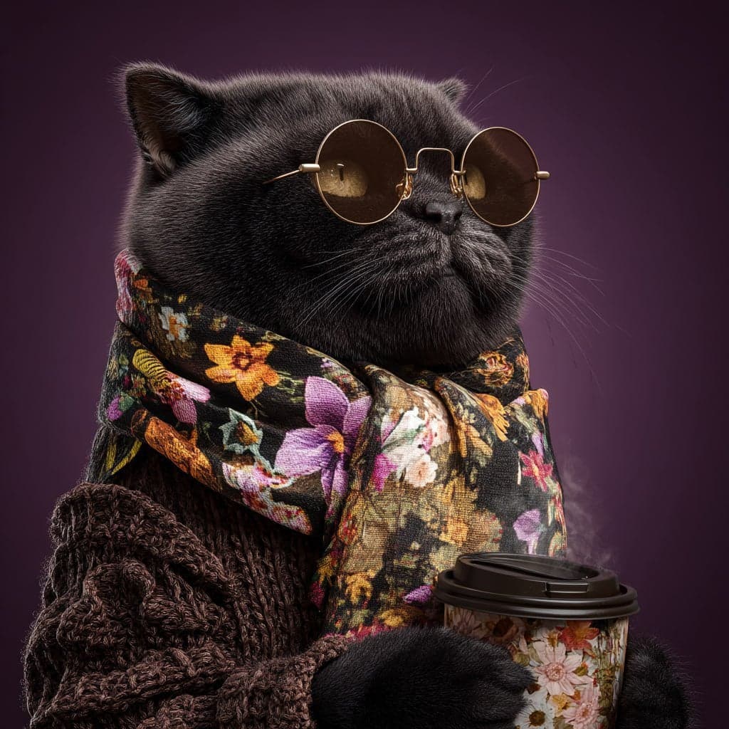 A black british shorthair cat wearing sunglasses and an eleg