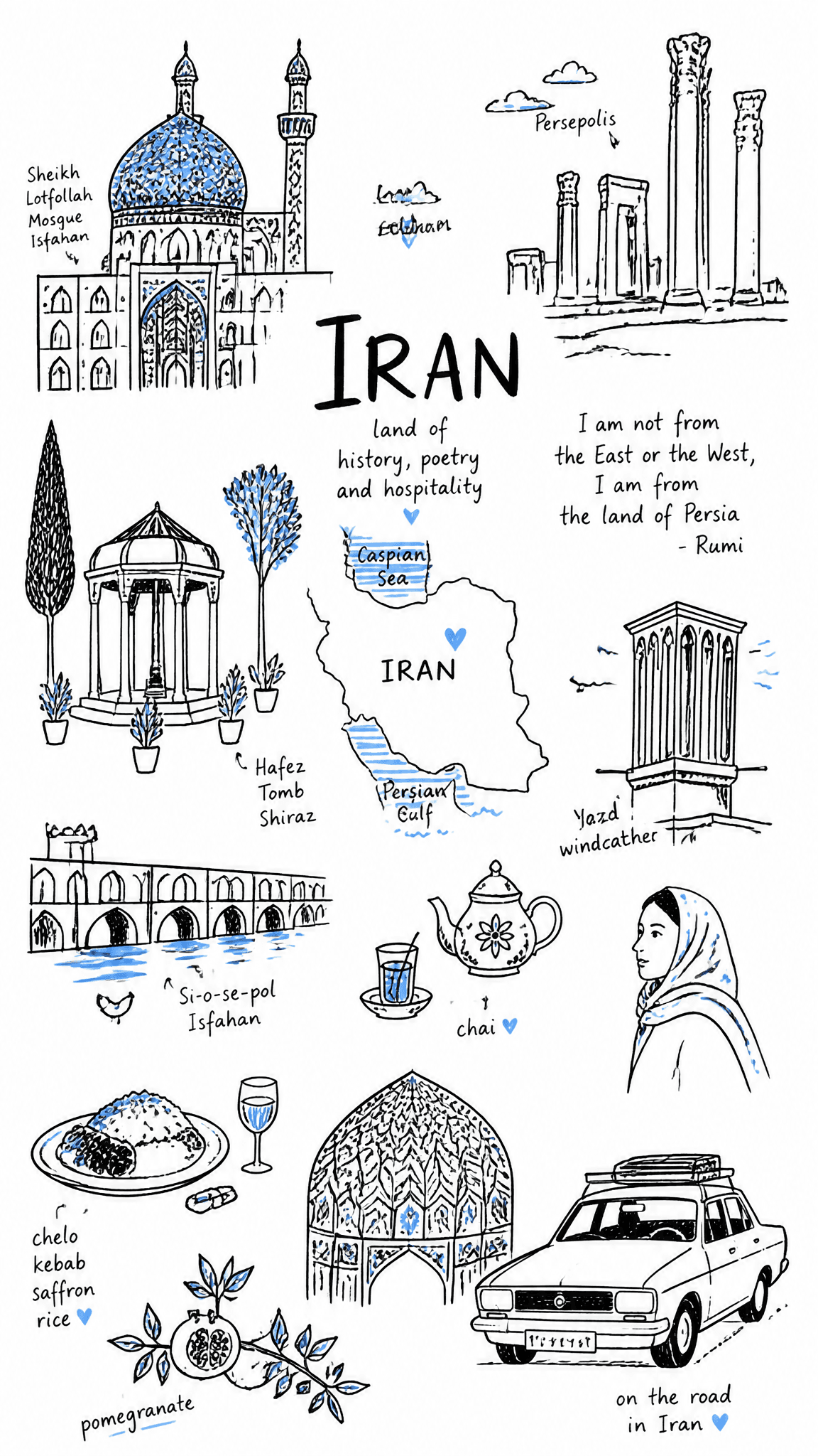Create a charming editorial travel illustration of [Iran] in