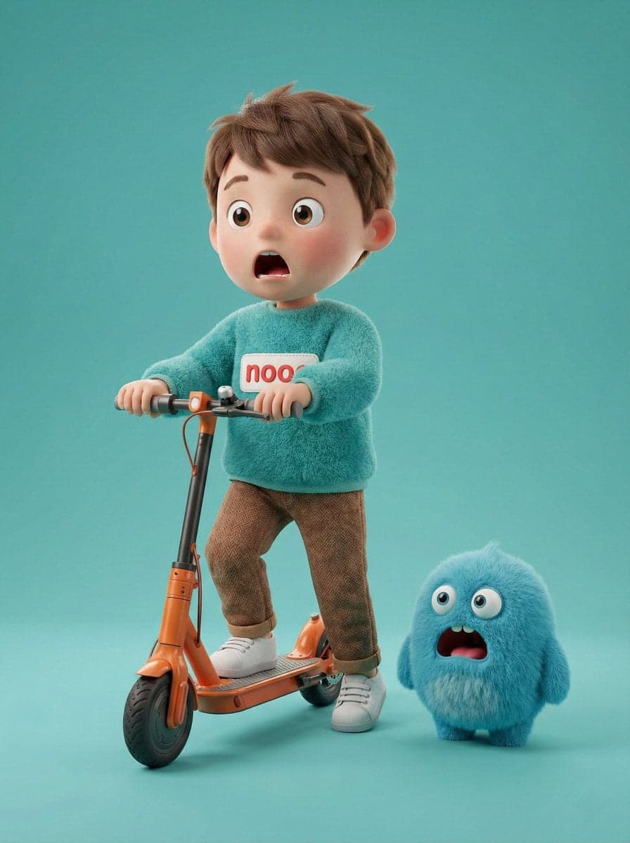 A high-quality 3D render of a cute young boy riding an orang