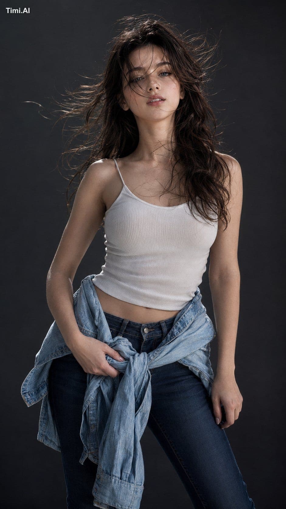neat static hair, cheerful smile, stiff pose, oversized cami