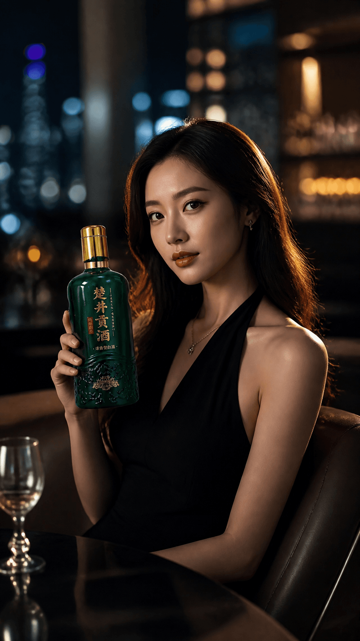 一位面容精致的中国女性,优雅地坐在充满现代感的高级酒吧环境中,神态从容且富有东方韵味。她手中握着一瓶极具质感的中国高端白