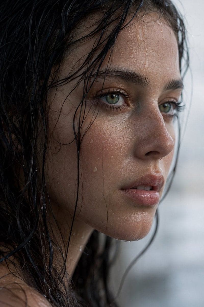 Extreme wet close-up portrait of a young woman in side profi