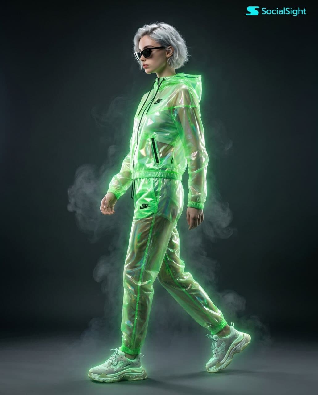 Futuristic fashion editorial, full-body side profile of a yo
