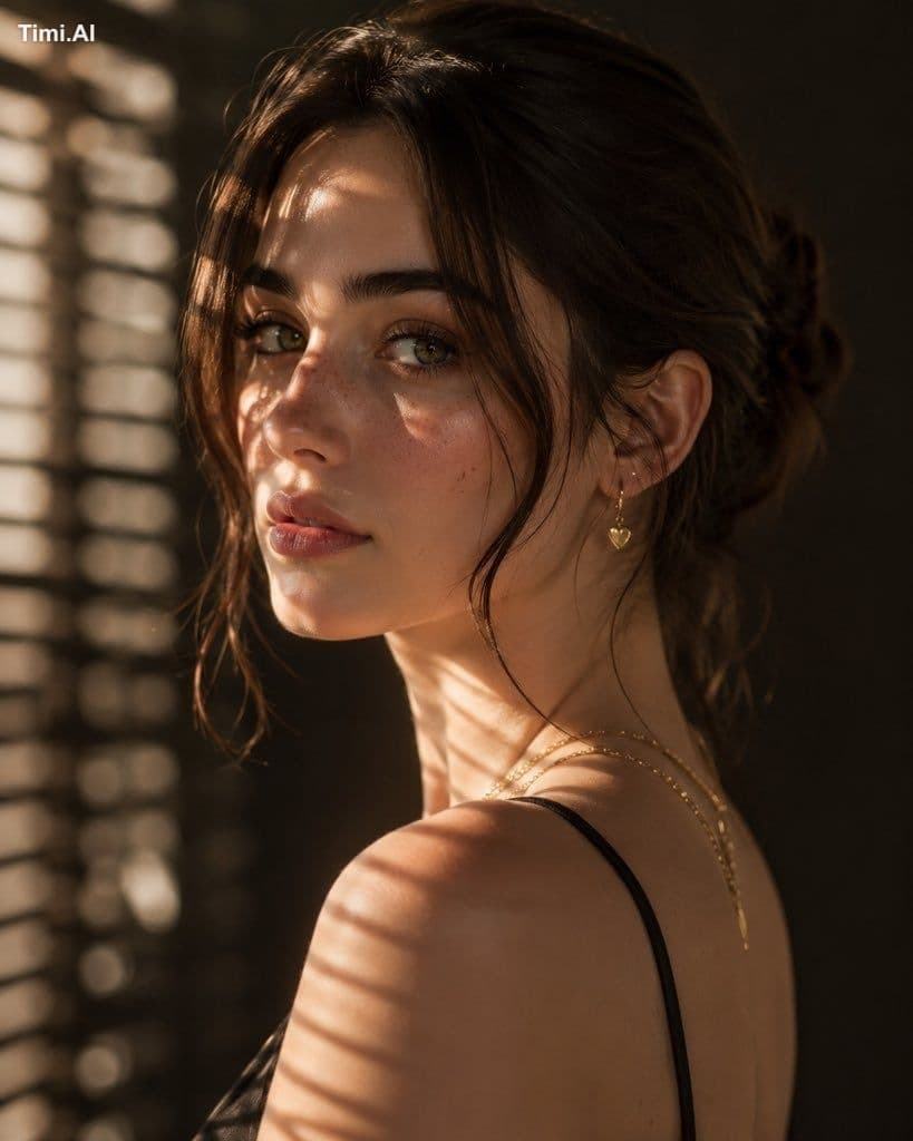 A hyper-realistic fashion portrait of a striking young woman