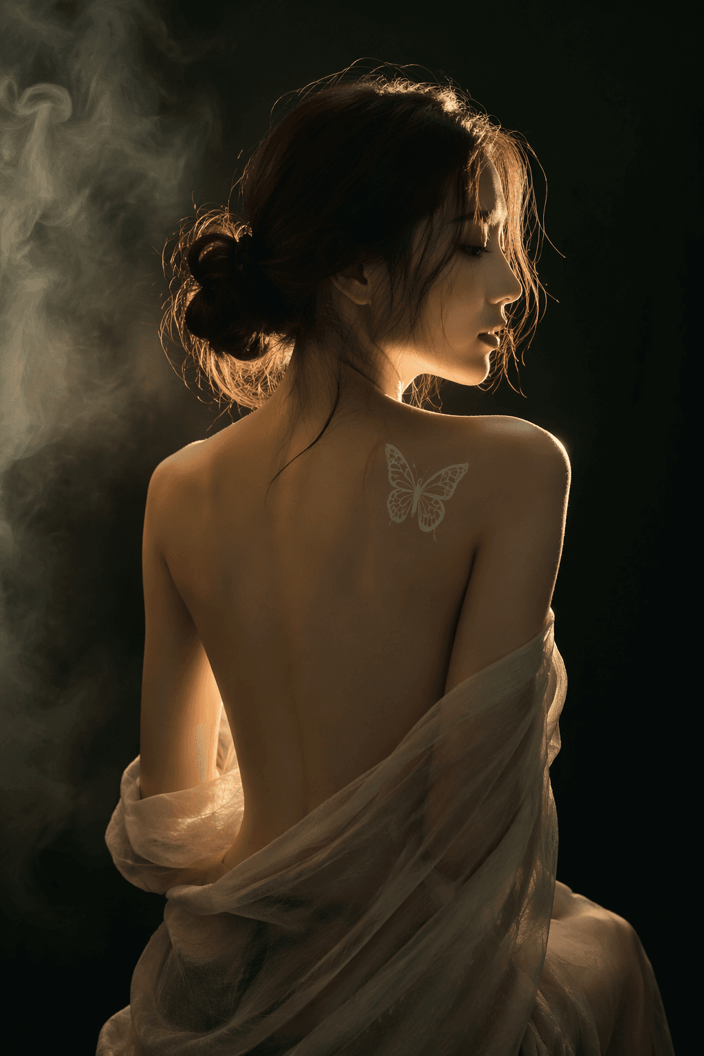 Vertical low-key portrait, East Asian young woman facing sid