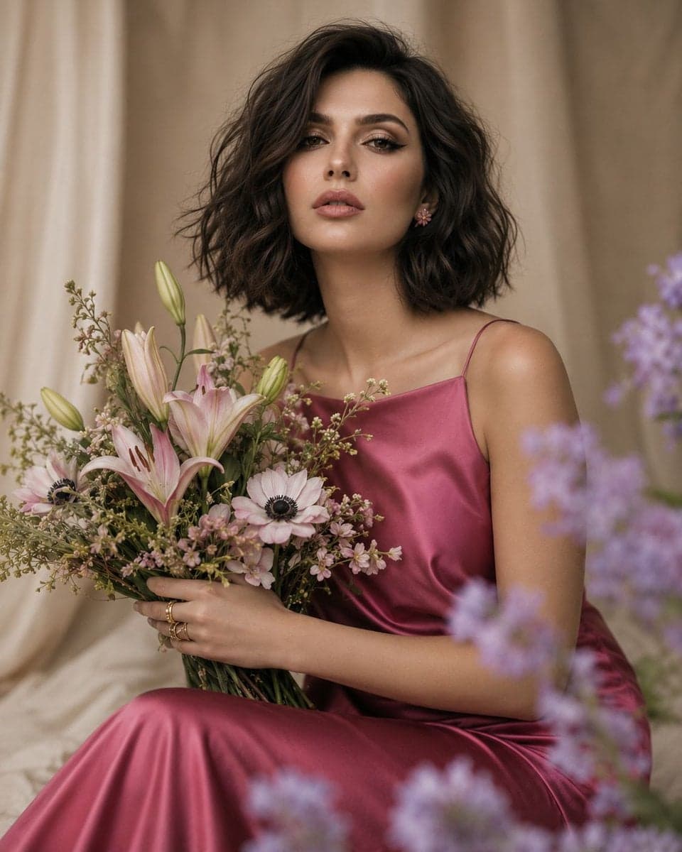 An elegant fashion editorial portrait of a young woman with