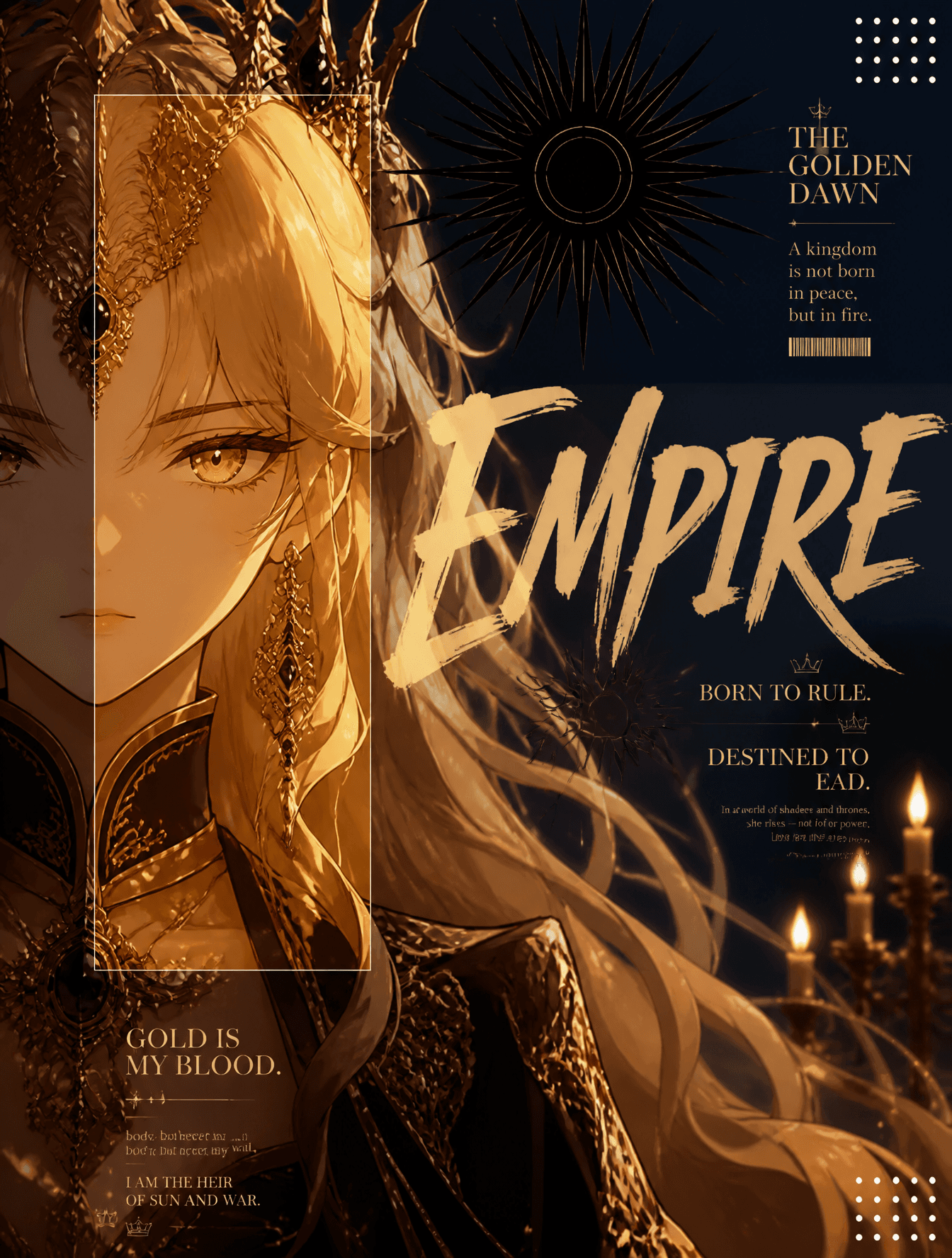 Deep Gold & Midnight NavyRegal anime girl with long flowing 