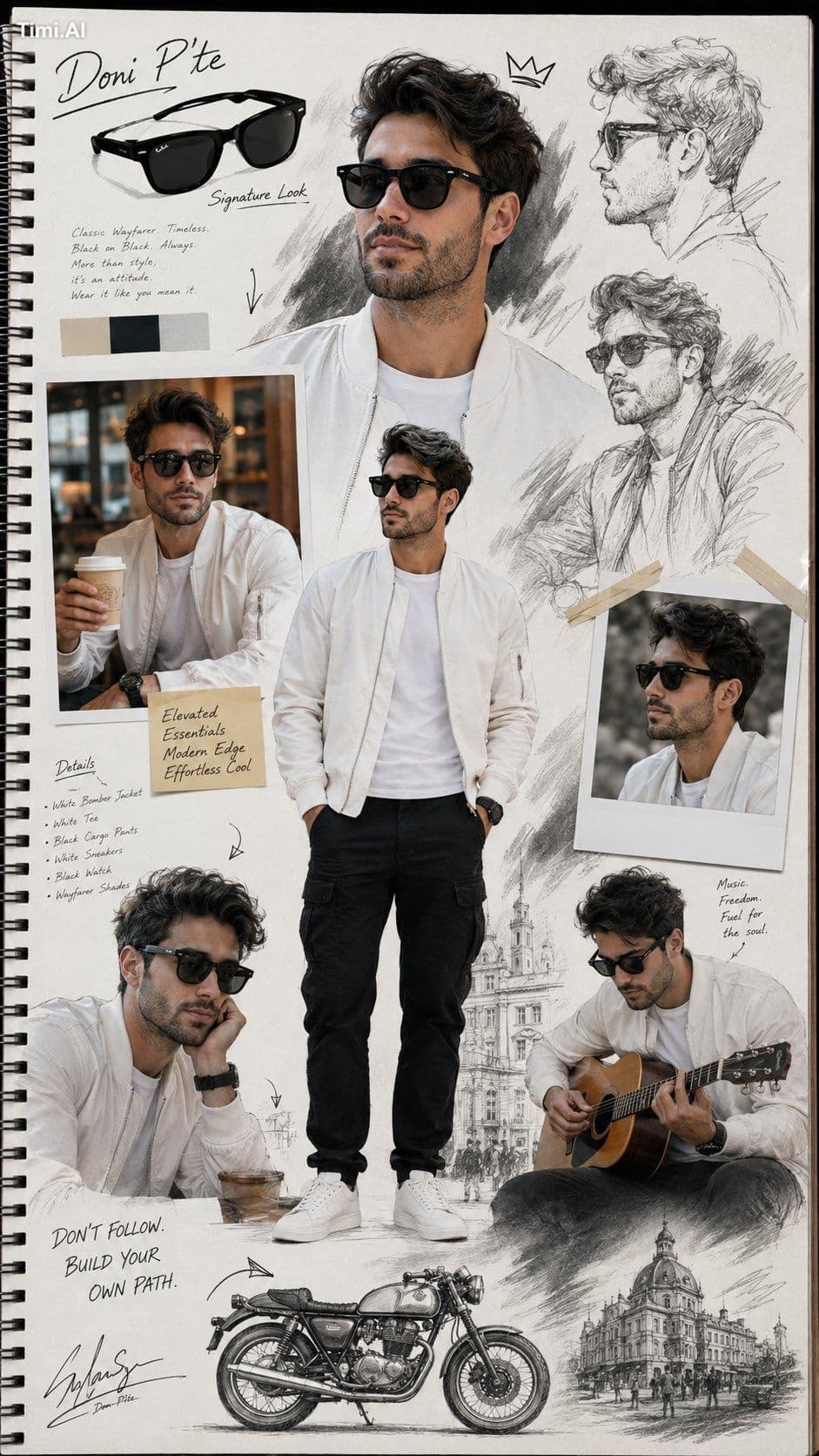 An ultra-realistic character design collage on a white spira