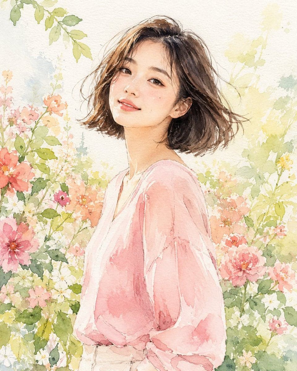 Fashion editorial watercolor portrait illustration of a youn