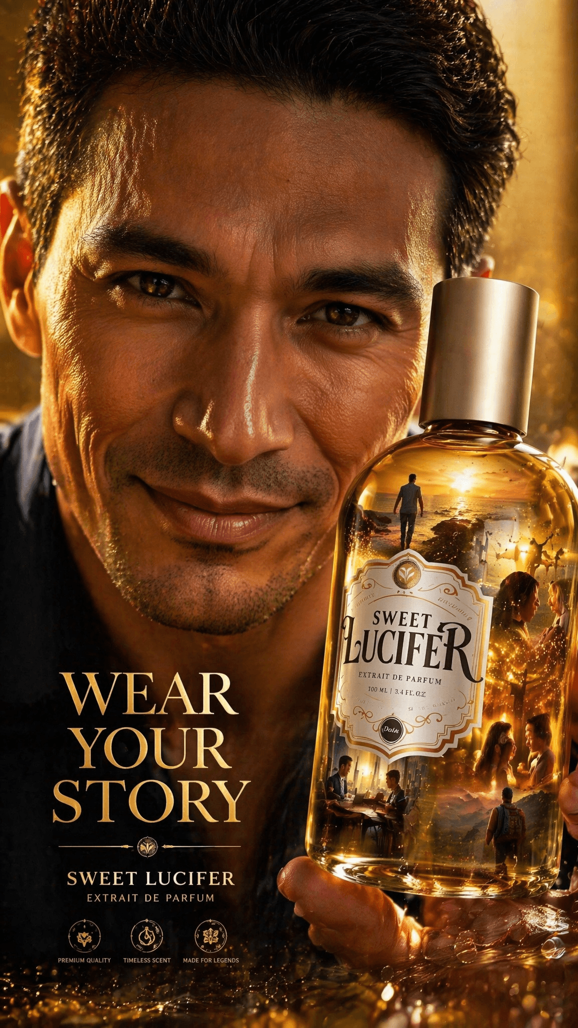 A premium 9:16 fragrance advertising poster.Main Subject:An