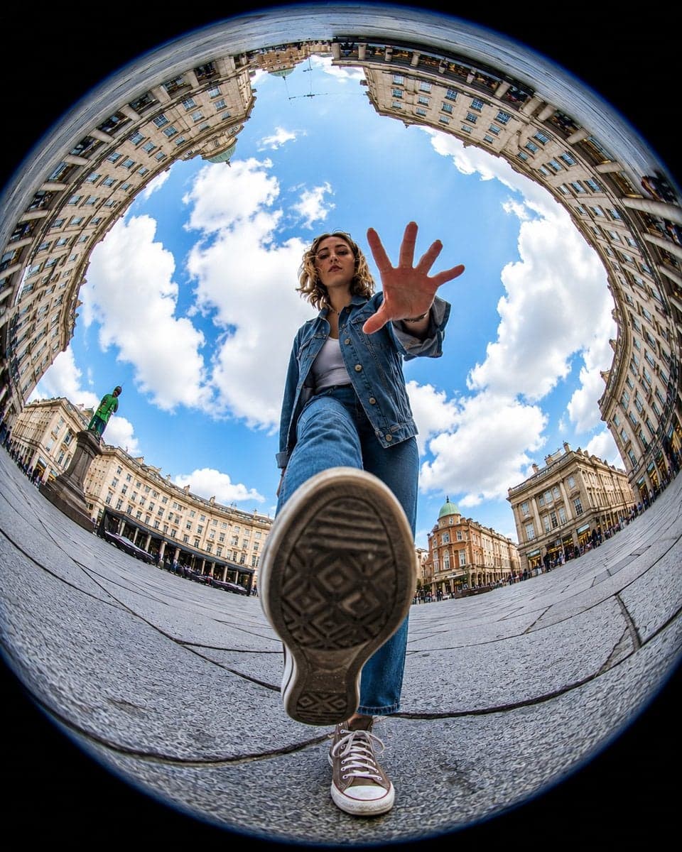 Ultra-realistic action photography, extreme fisheye lens, 8m