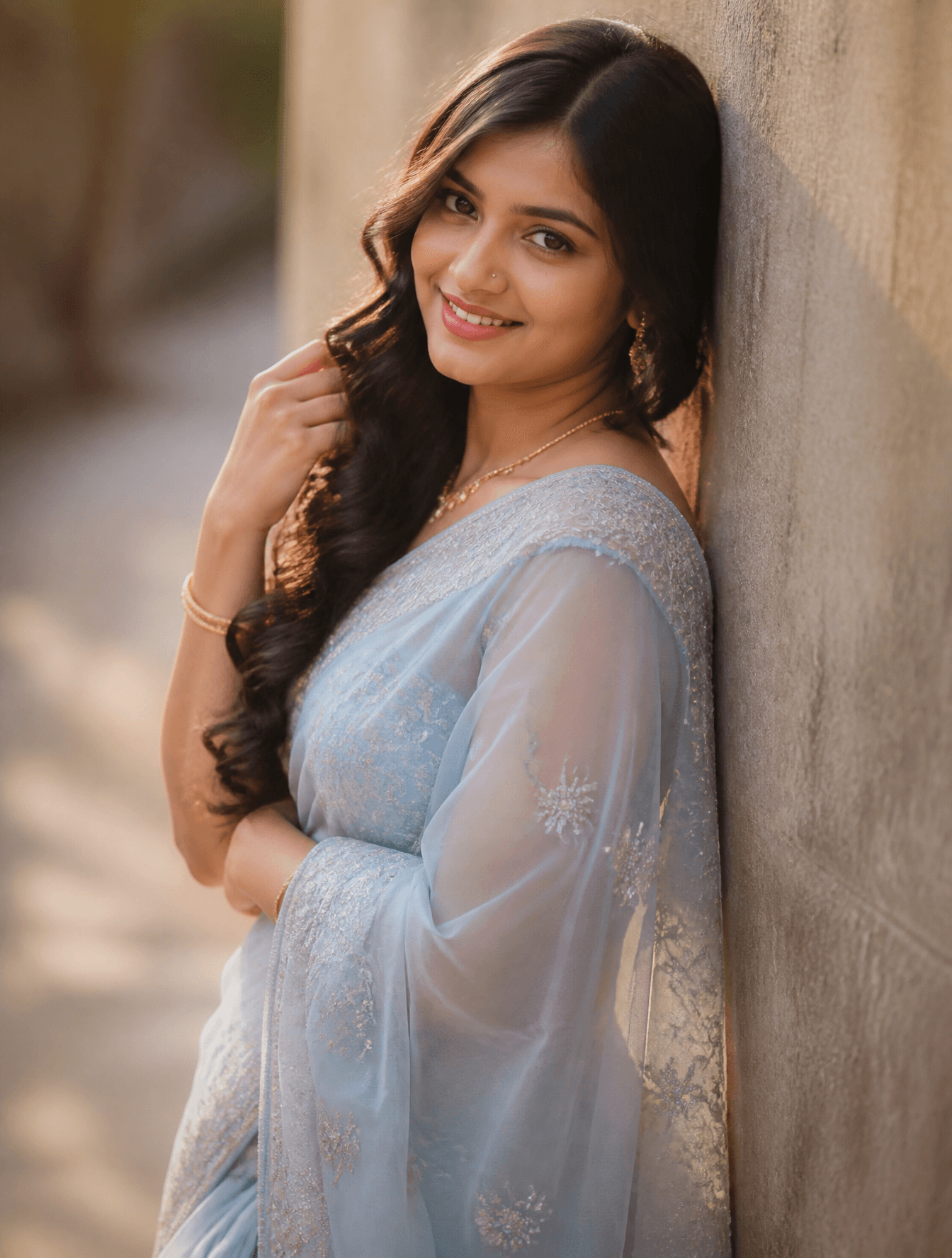 Ultra-realistic young Indian woman wearing a luxurious powd