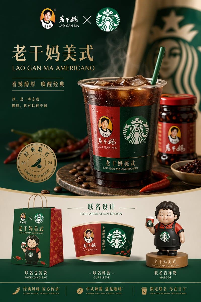 生成完整高端的品牌运营图 ,产品是老干妈和星巴克的联名款:老干妈美式,中间是主图,下面放一些联名的设计,包装袋、杯套以及