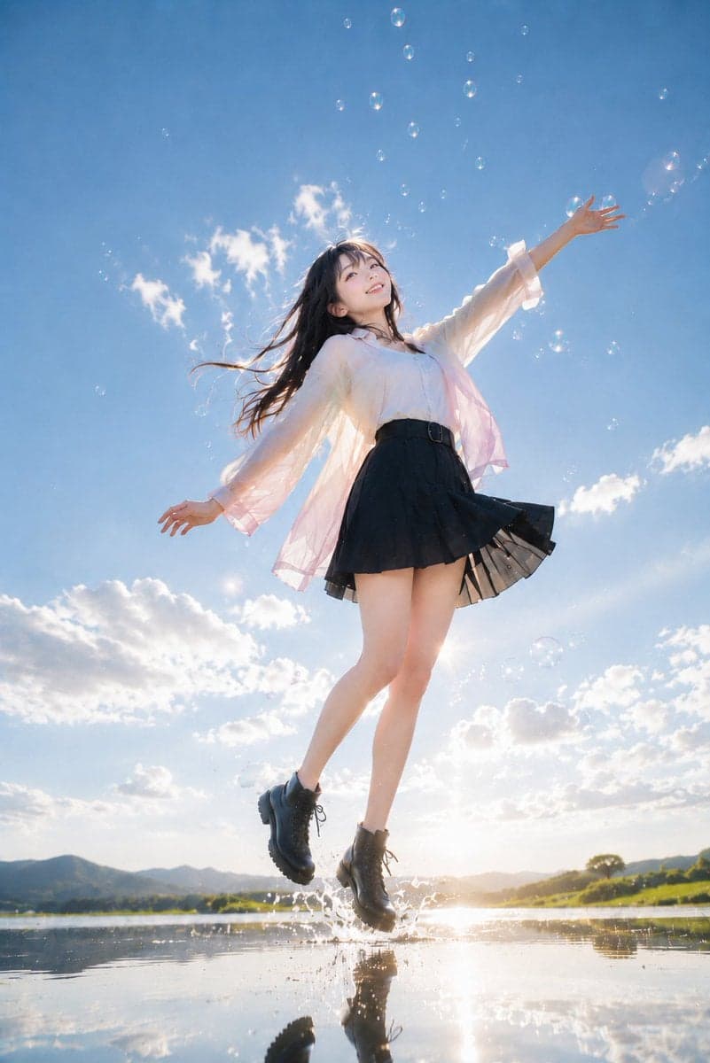 主題:
朝へ跳ぶ
人物・表情:
20代女性。少女のような軽やかさと、大人っぽい清潔感をあわせ持つ顔立ち。長い黒髪は朝の