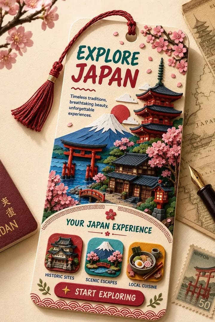Create a premium vertical 2:3 collectible travel bookmark fe