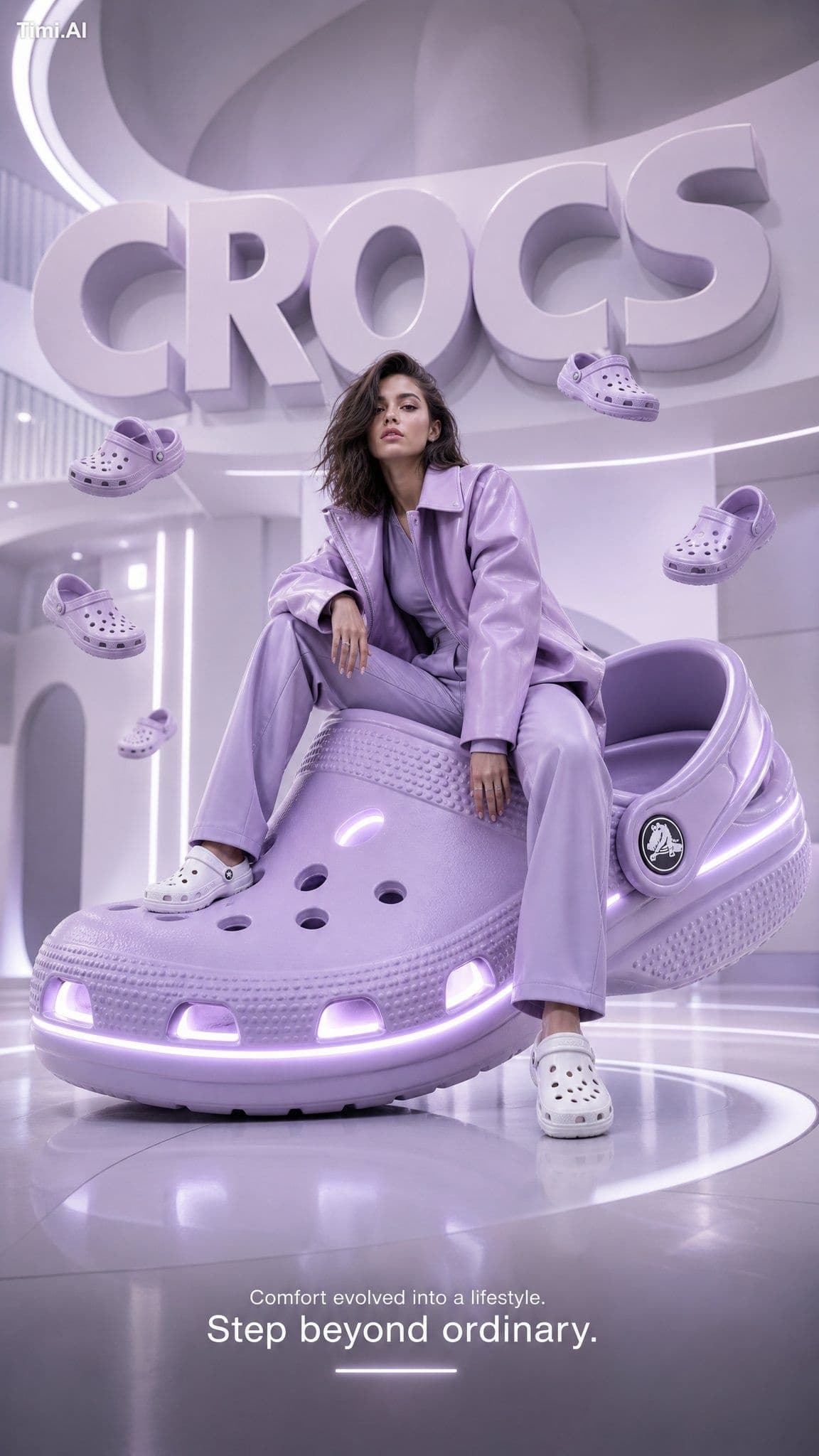 A futuristic high-fashion advertising poster for Crocs, blen