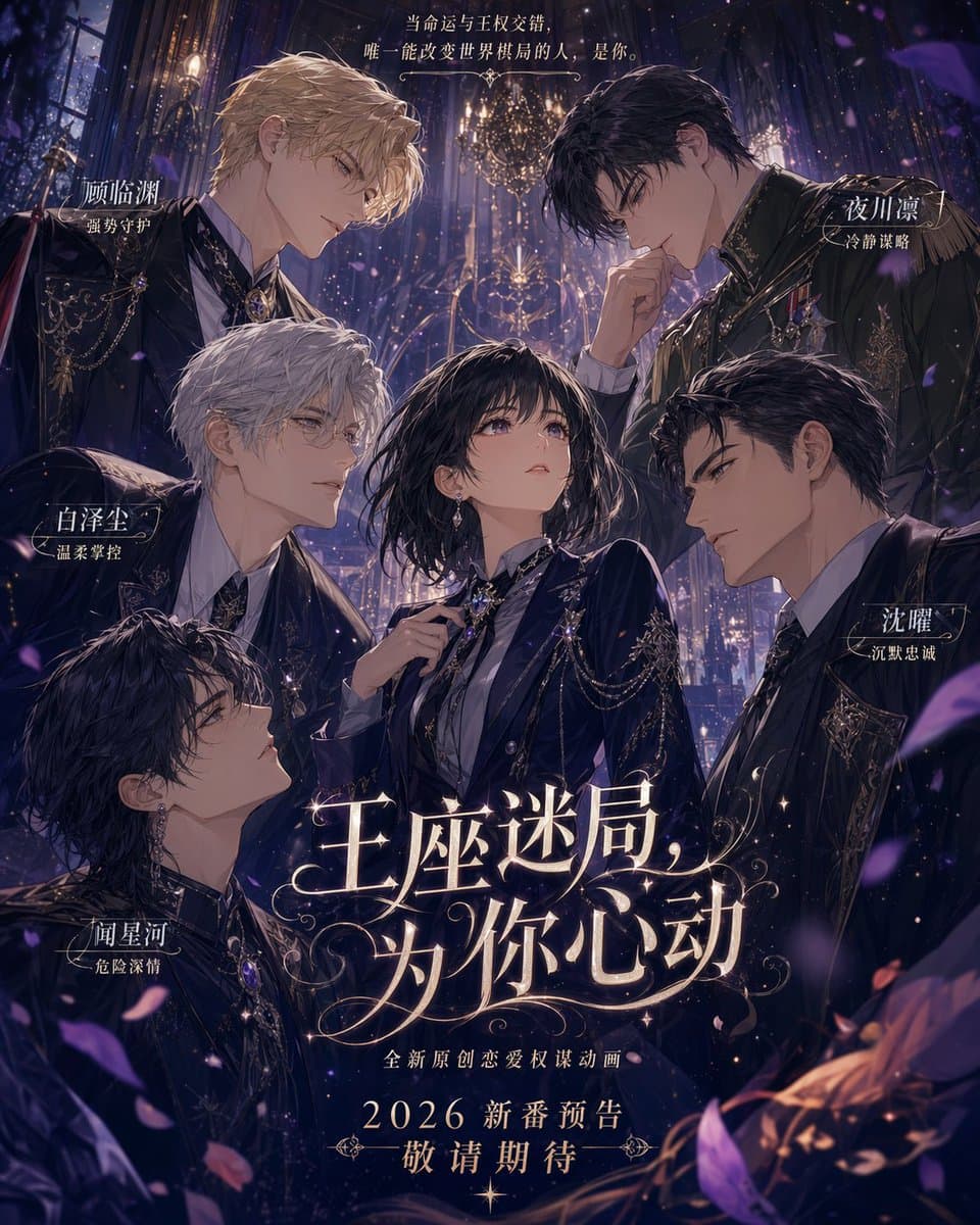请创作一张【主题为：】的[乙女恋爱游戏主视觉海报]风格的二次元宣传图。 整体设定为：多位具有强烈权力感、领袖气场、成熟魅