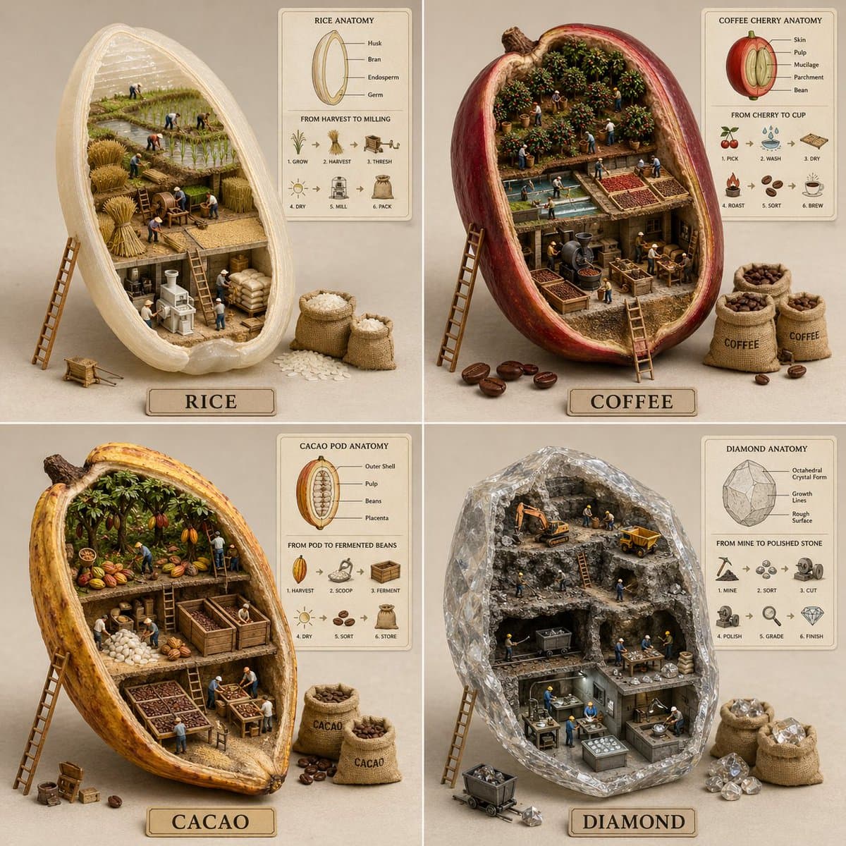 2x2 grid, do this for 4 common ingredients (like rice, diamo