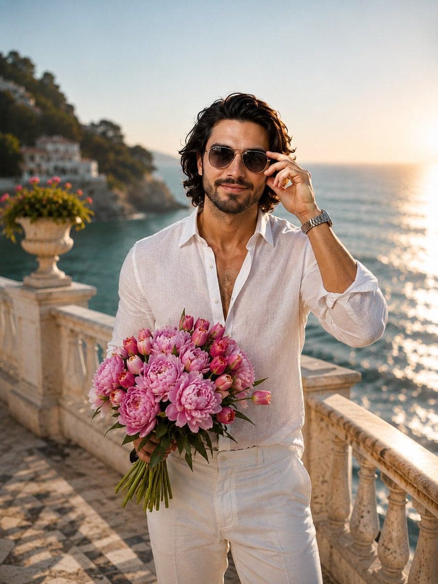 A stylish young man standing on a sunlit seaside terrace at 