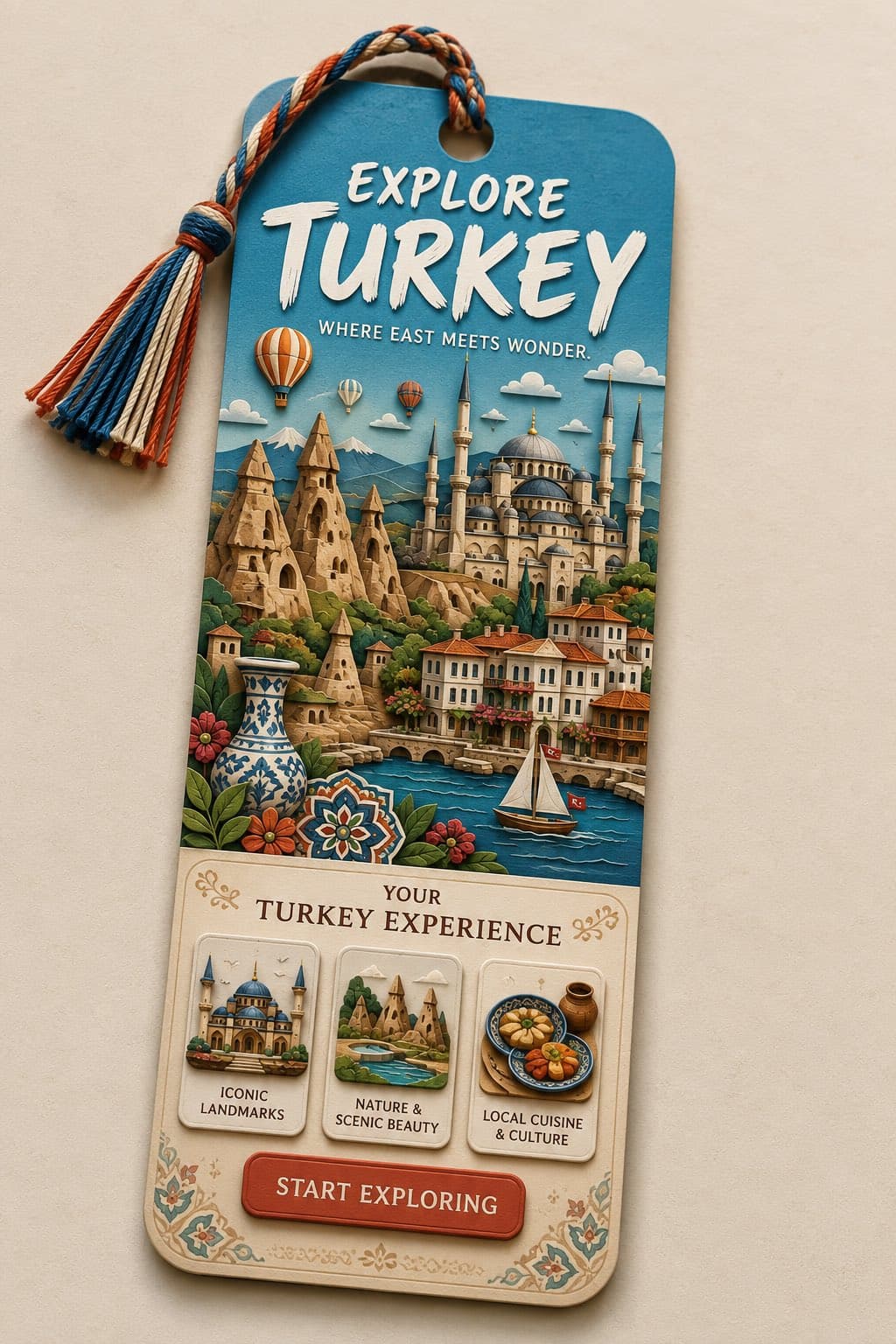Create a premium vertical 2:3 collectible travel bookmark fe