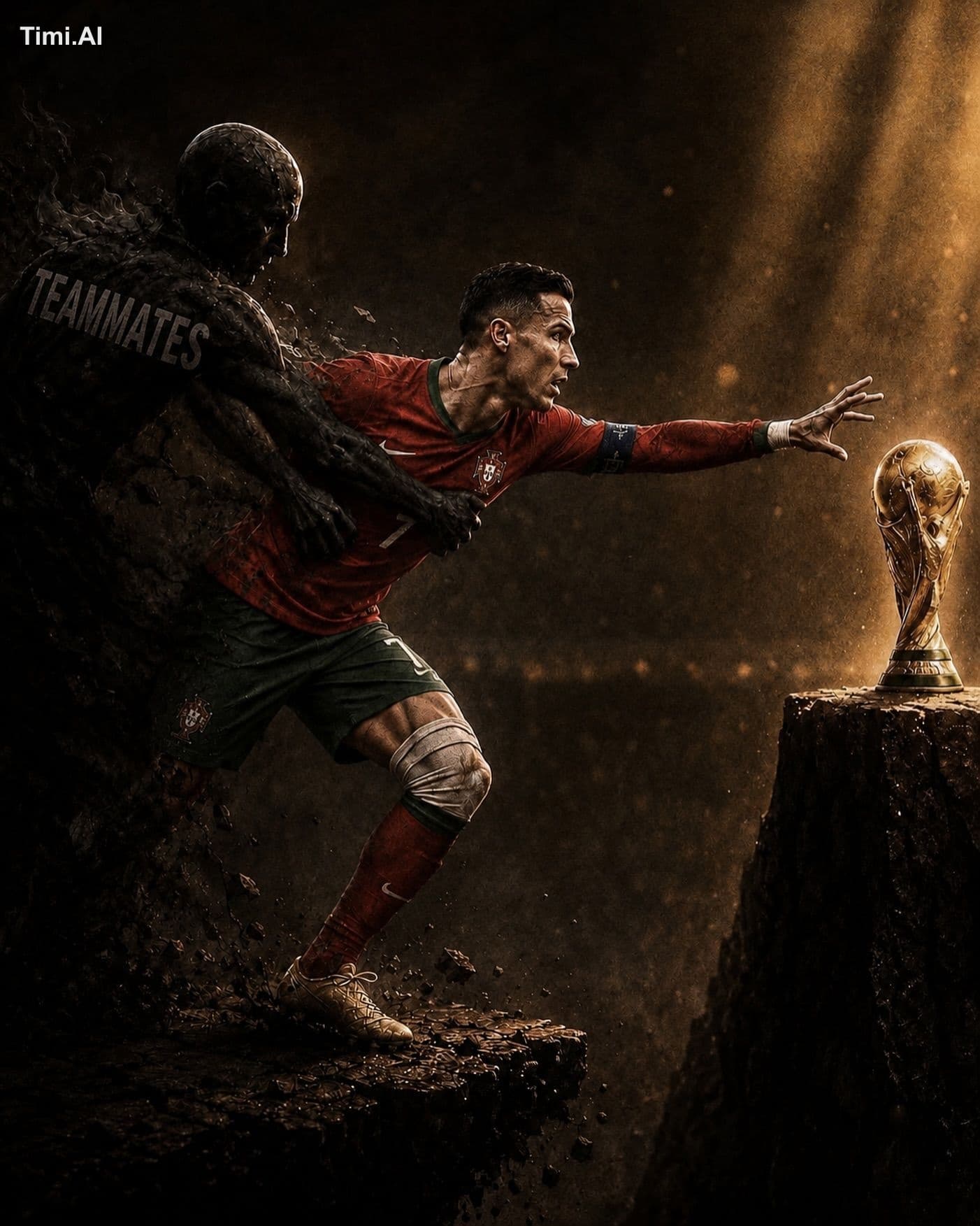 Ultra-cinematic sports key art, a legendary football captain