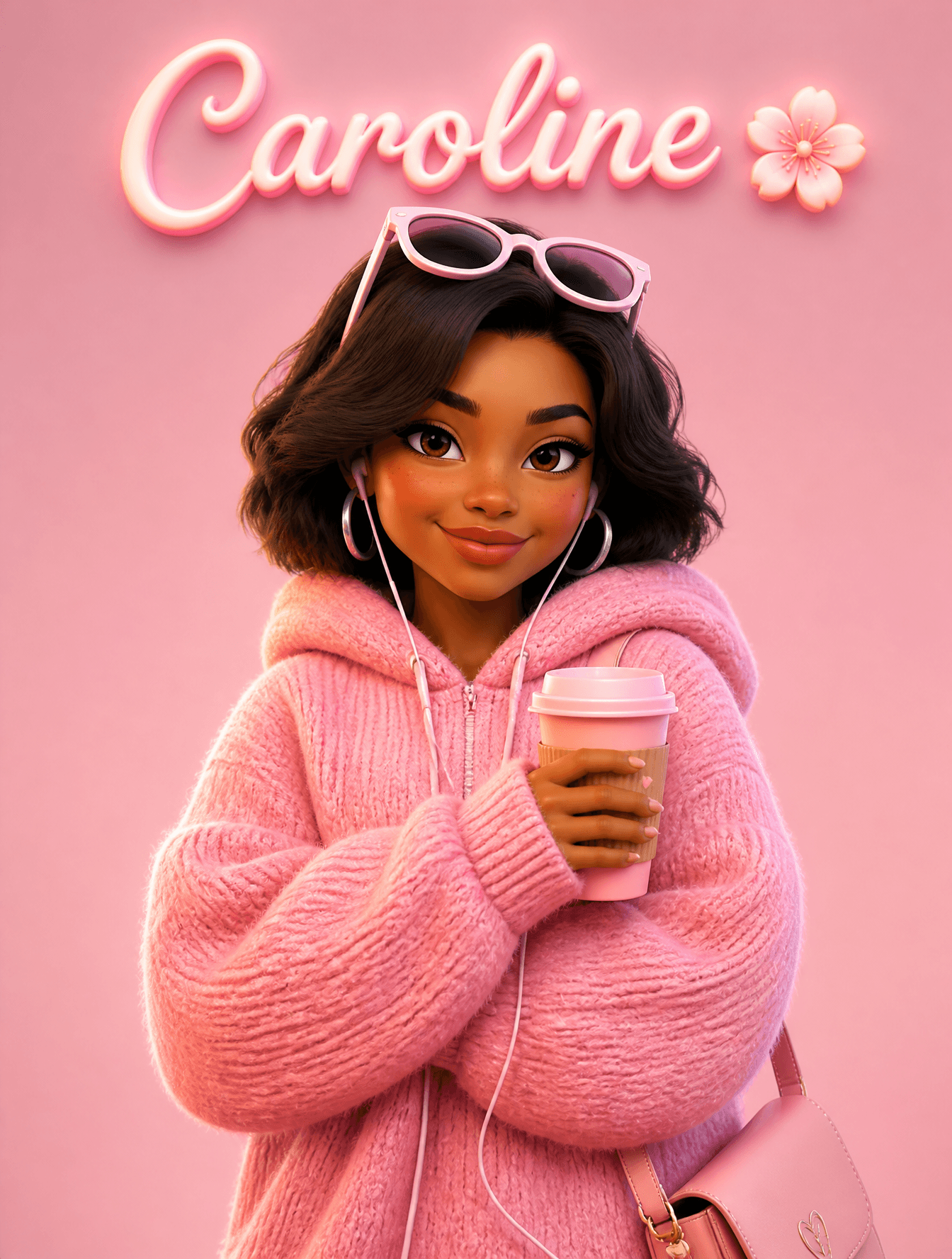 A cute Pixar-style 3D cartoon girl standing against a soft p