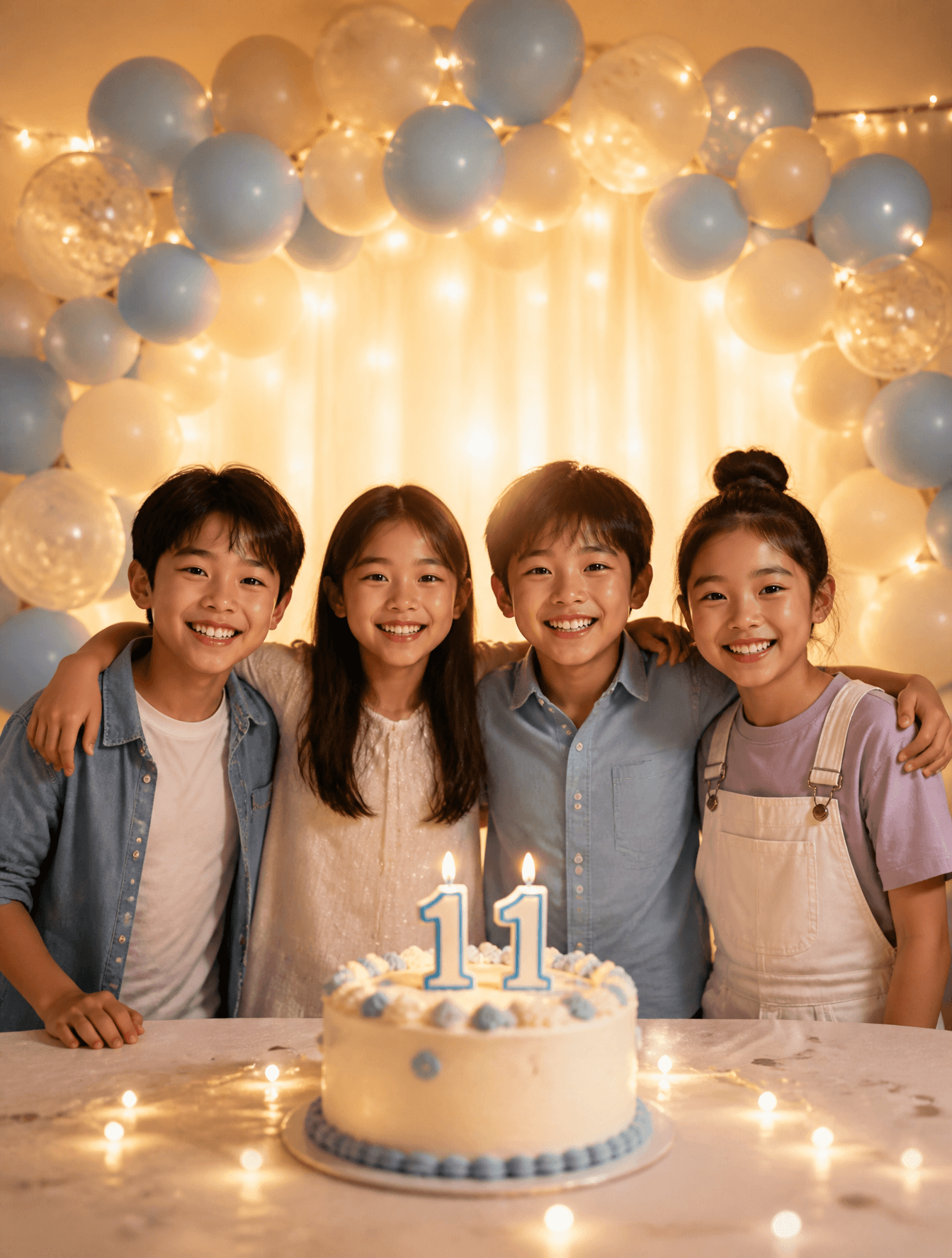Four children stand in a horizontal line behind a birthday c