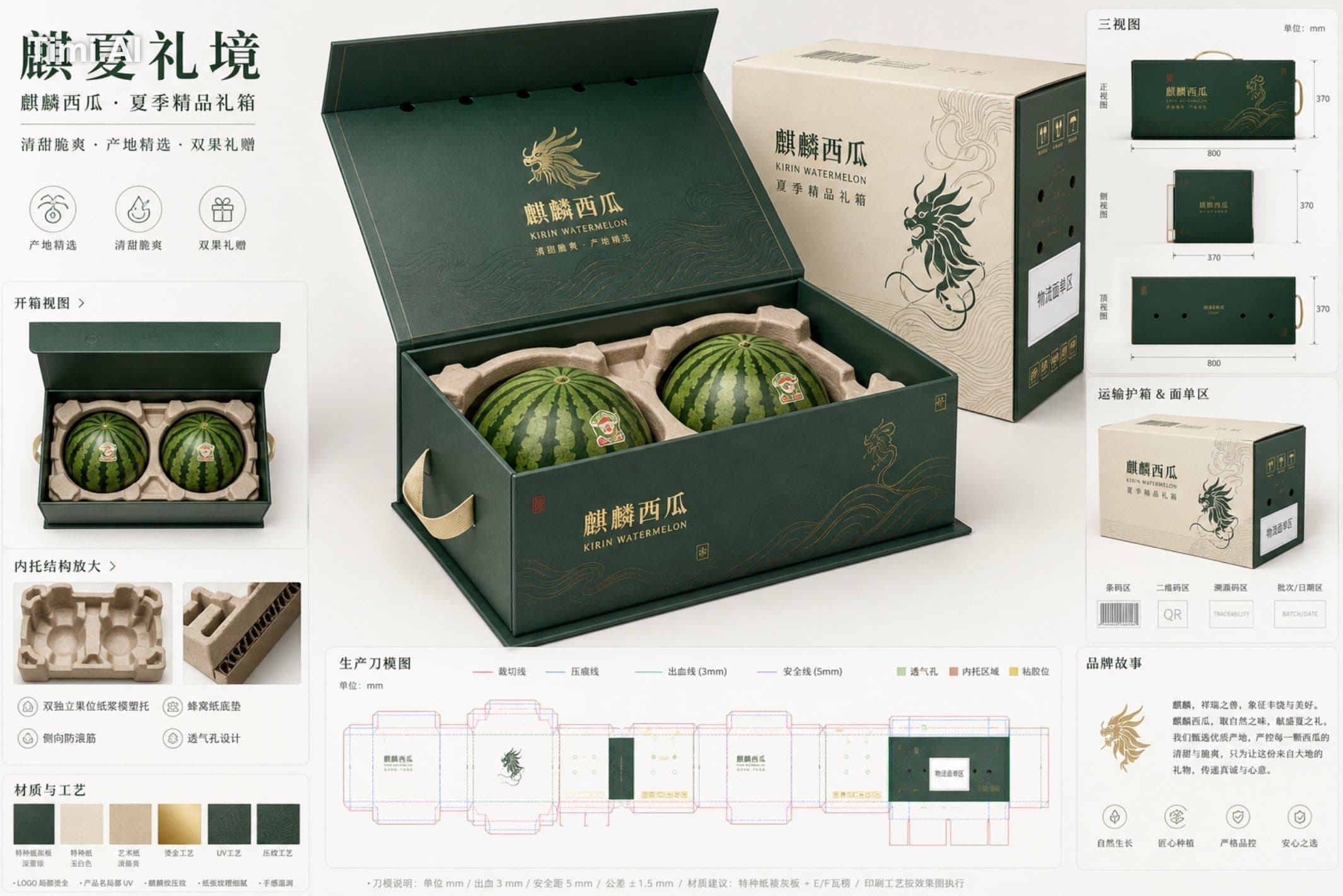 任务：为“麒麟西瓜”设计一张高端水果电商包装提案板，主题为“麒夏礼境”，面向城市中高端家庭送礼、企业团购、生鲜电商精品礼