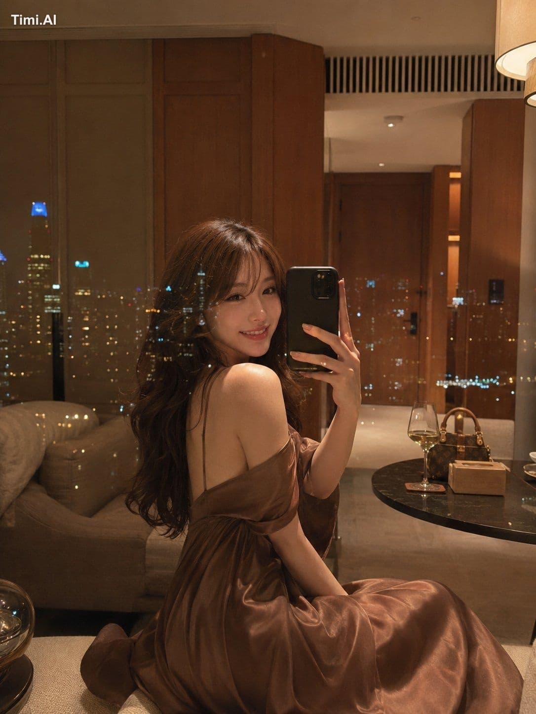 Ultra-realistic luxury hotel mirror selfie captured at night
