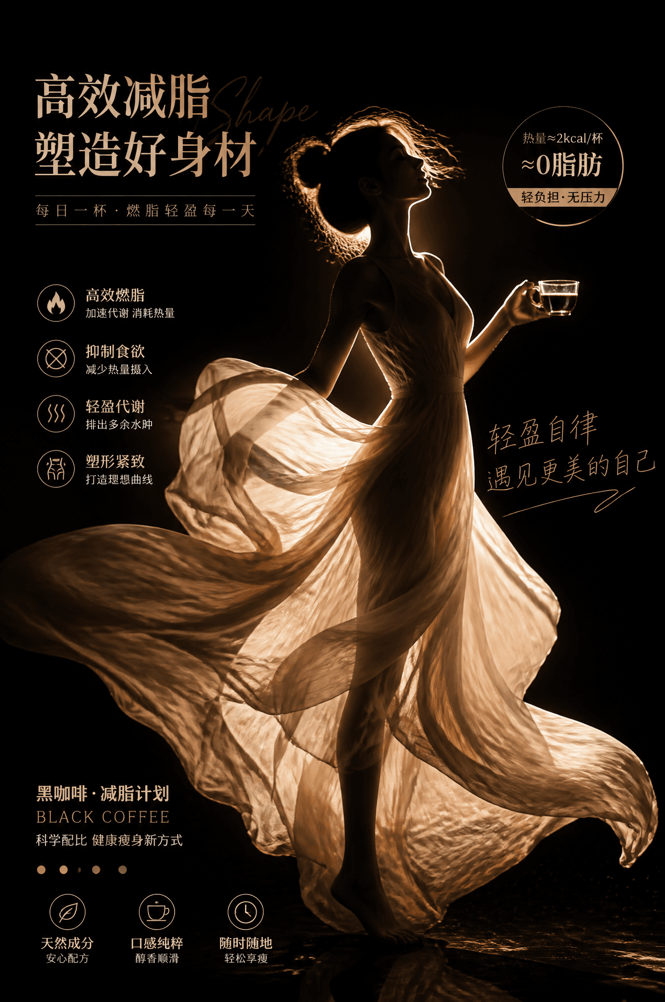 减脂产品的电商宣传海报，以女性剪影为核心，搭配直击痛点的文案，传递出 “高效减脂、塑造好身材” 的产品理念，是黑咖啡、减