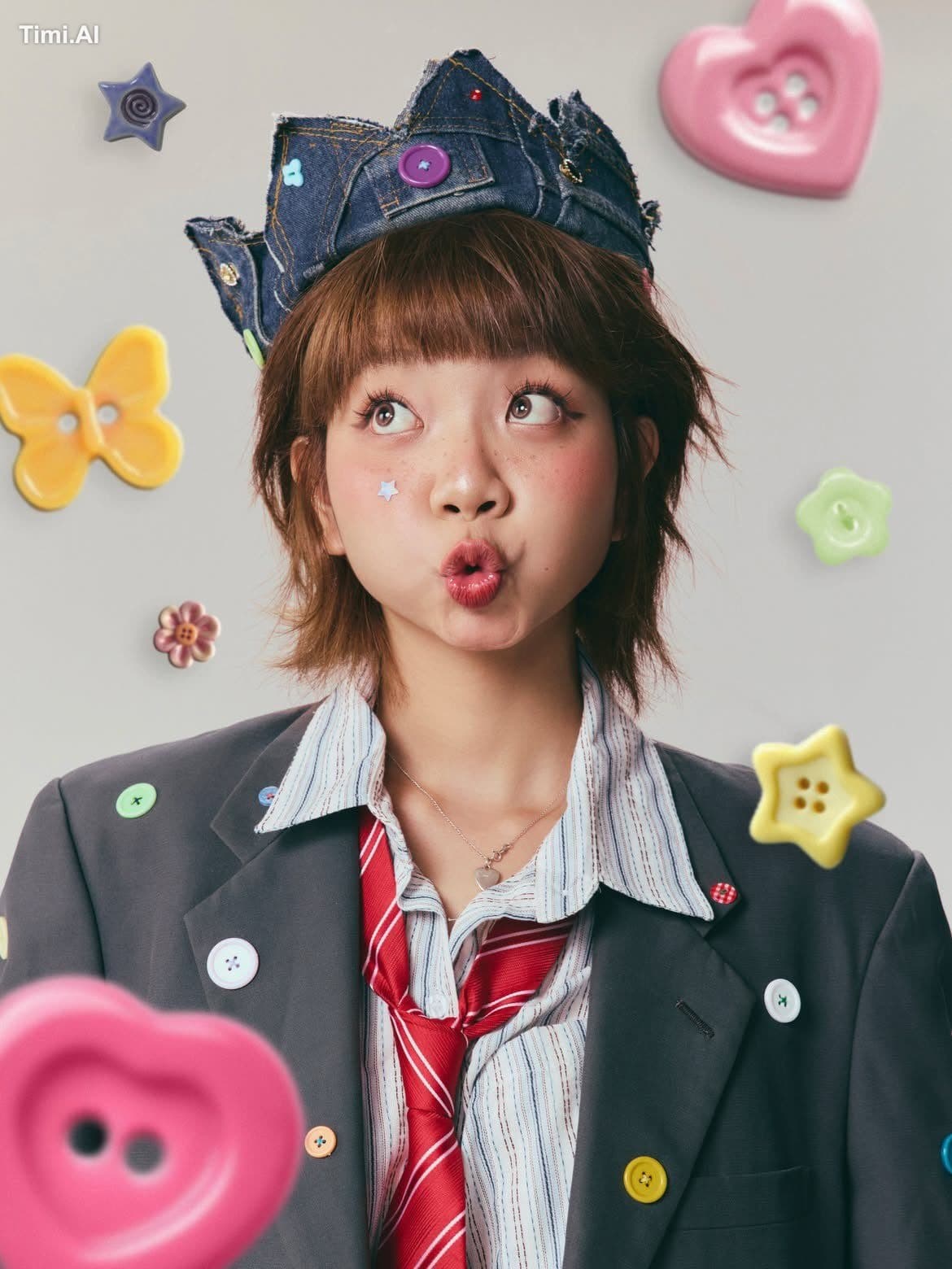 Ultra-realistic editorial fashion portrait of a playful youn