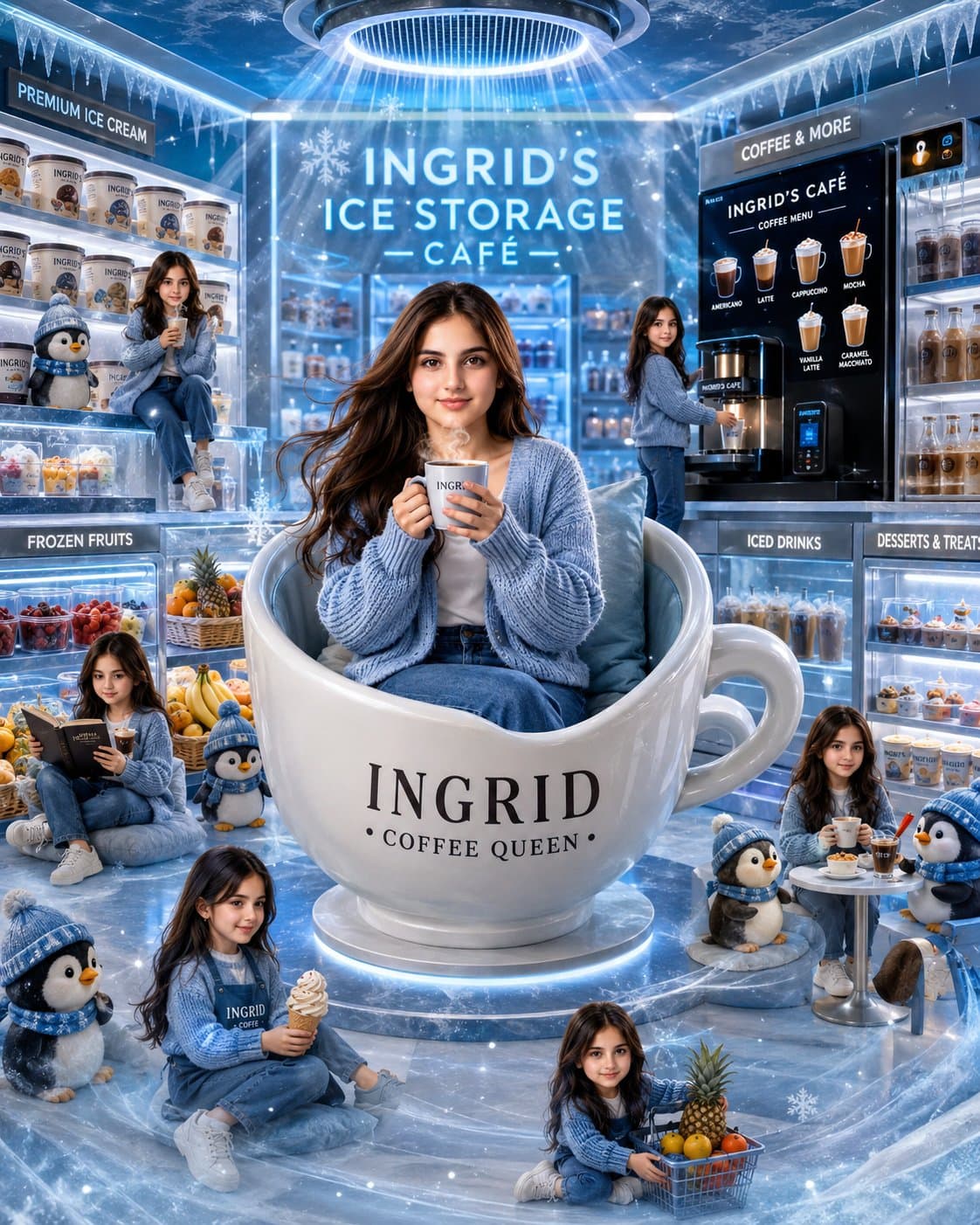 A whimsical and fantastical advertisement for 'Ingrid's Ice