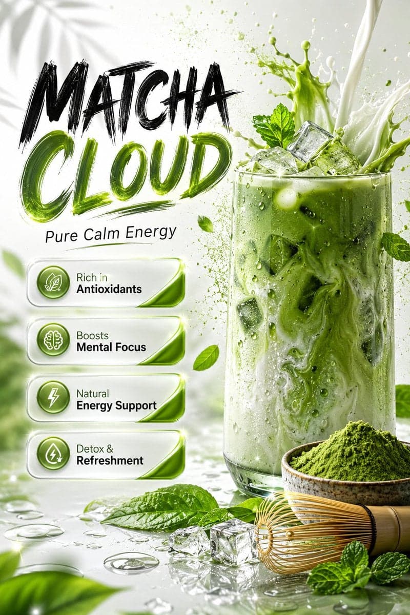 Ultra-realistic premium matcha beverage advertisement poster