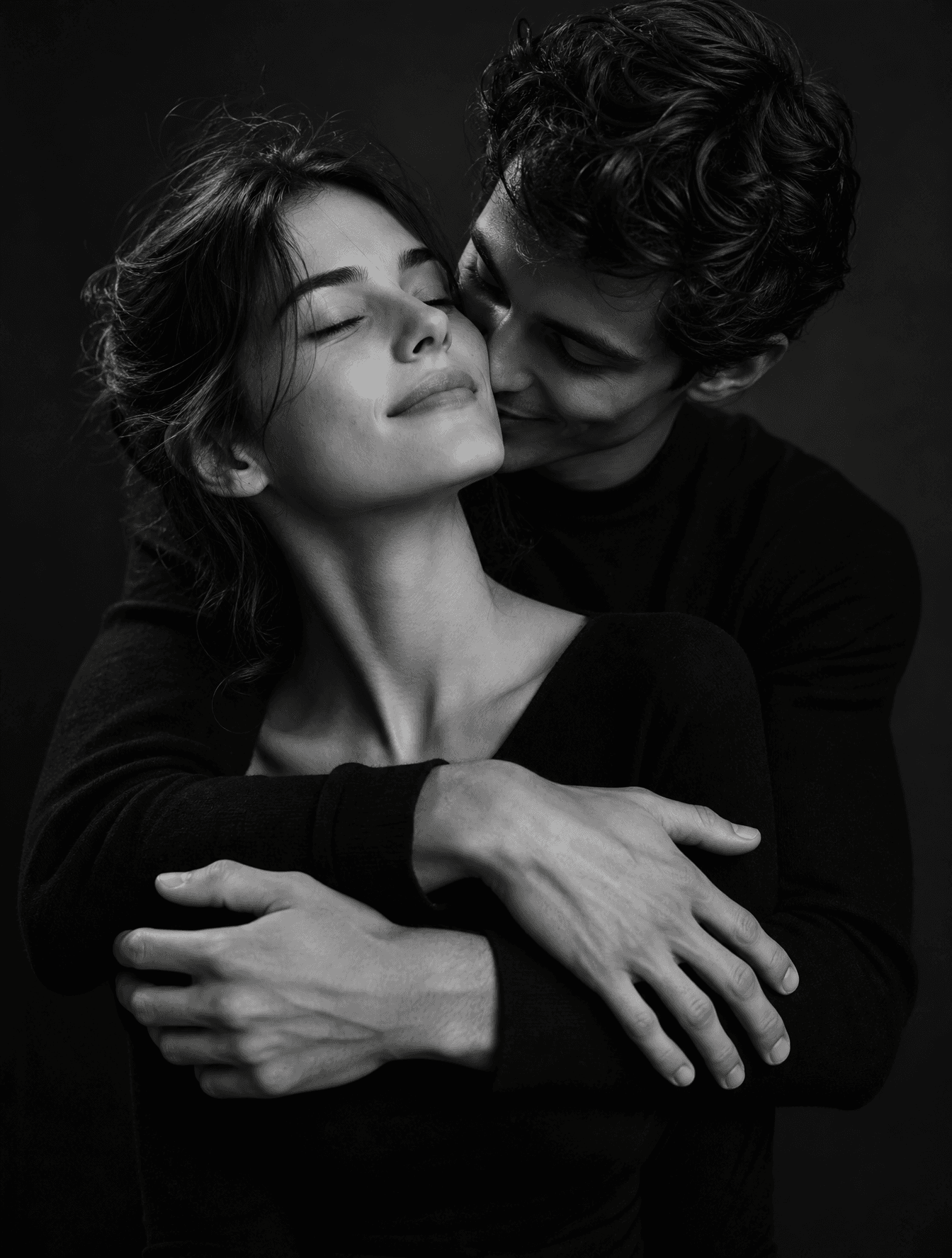 Create a black-and-white studio portrait of a couple in an i