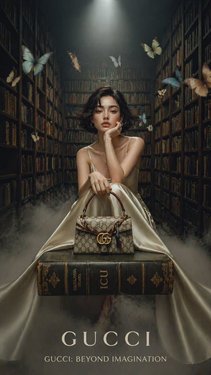 A cinematic luxury fashion editorial set inside a grand vint