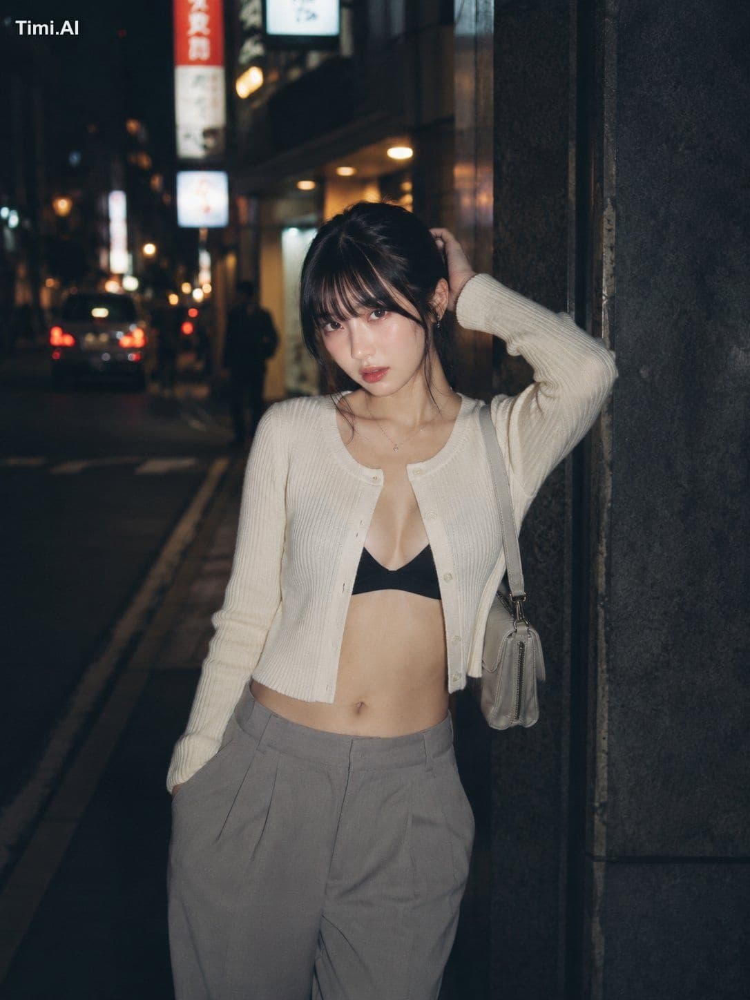 夜の路地で、白いカーディガンだけが静かに浮かんで見えた。
まっすぐな視線に、少しだけ帰り道の熱が残っている。🌙❤️