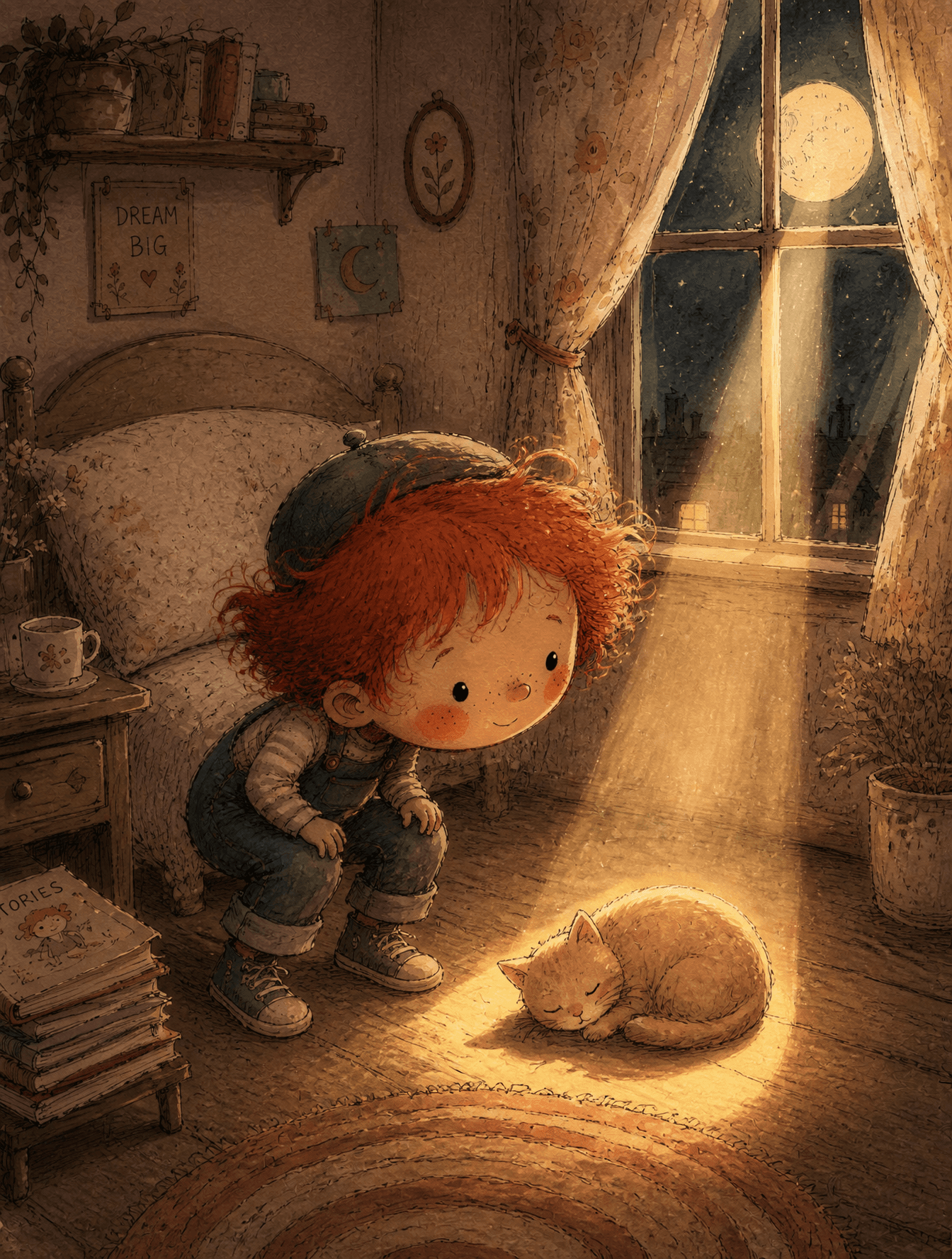 A young boy with wild red hair, freckles, rosy round cheeks,