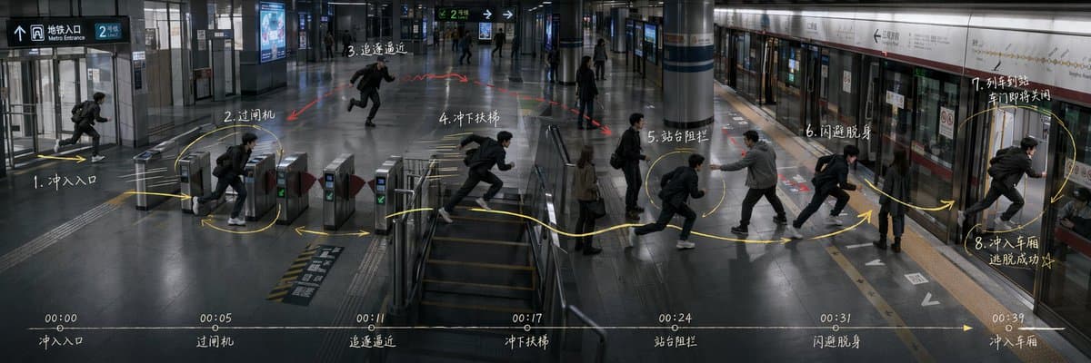 参考图仅用于场景调度和动作路线参考，最终视频中不要出现任何箭头、数字、文字、圈线、时间线或手绘标记，画面必须是干净的电影