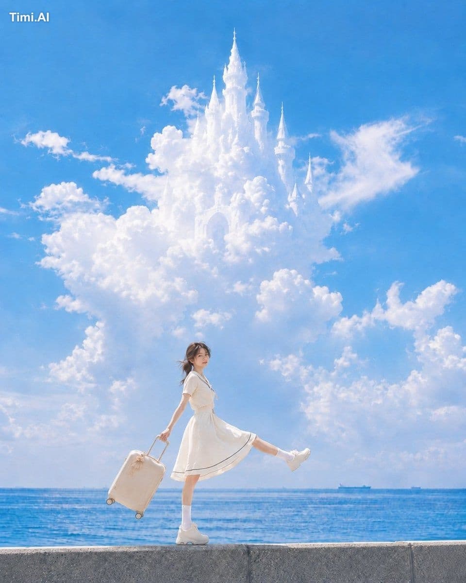 主題:
雲城への一歩
主体:
縦長4:5。青い海を望む防波堤の上で、クリーム色のキャリーケースを引きながら片脚を前へ伸