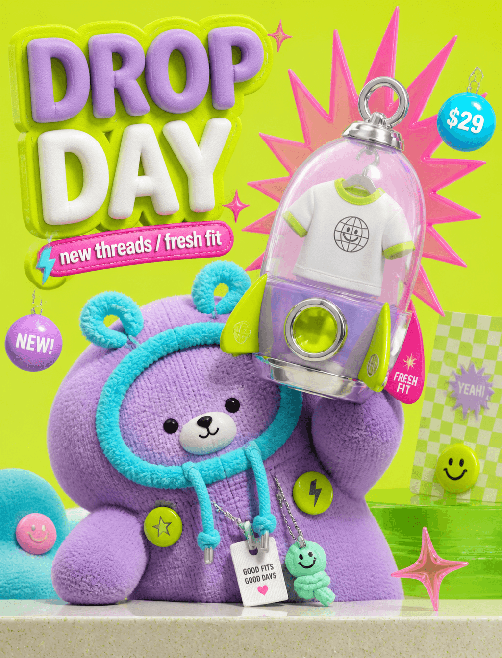 A glossy toy-advertising 3D style built from acid lime studi