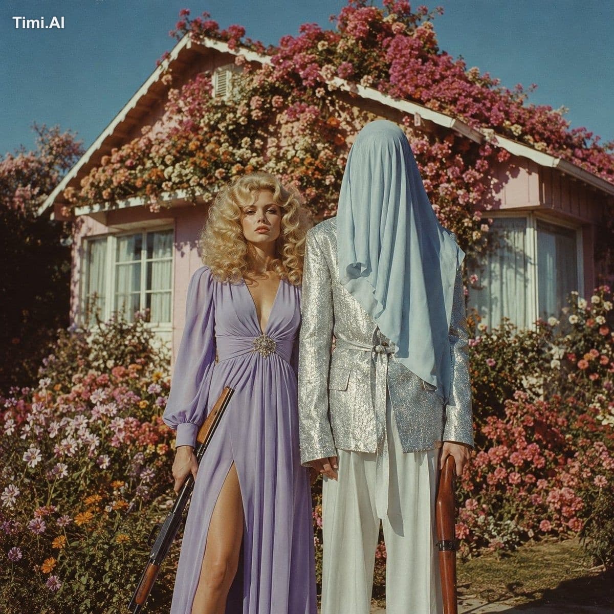 Surreal vintage fashion editorial, two mysterious figures st