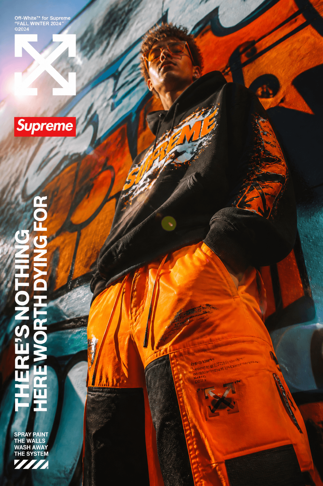 A bold urban streetwear editorial campaign poster, a young m