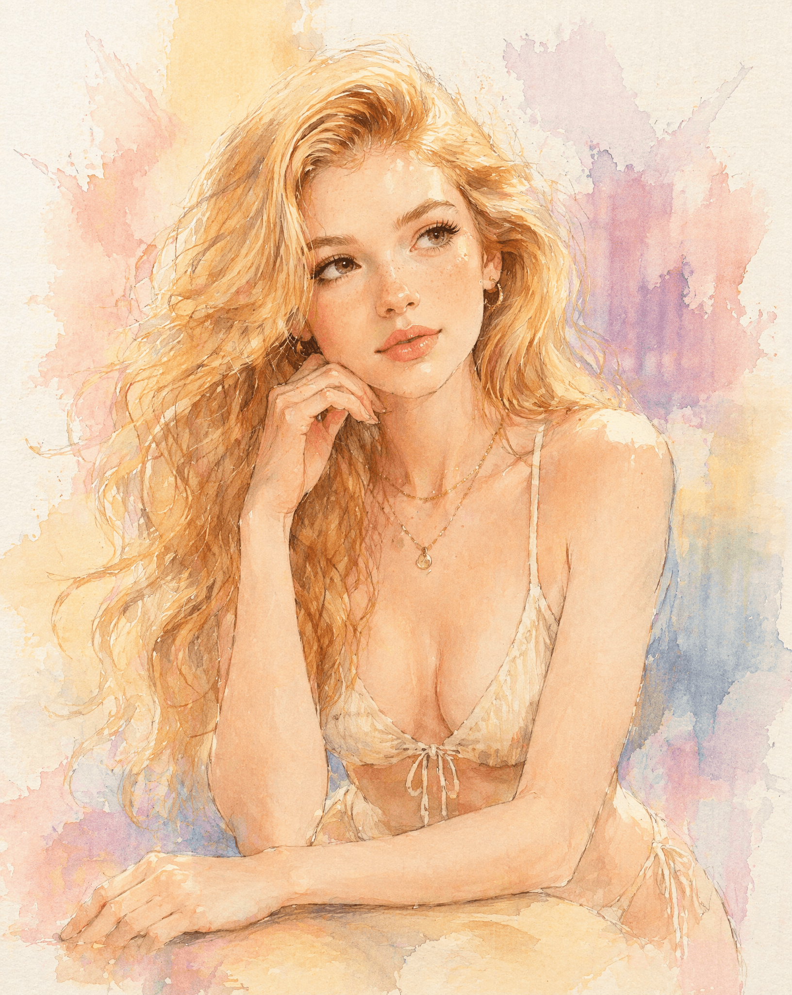 A soft pastel watercolor digital illustration of a young wom