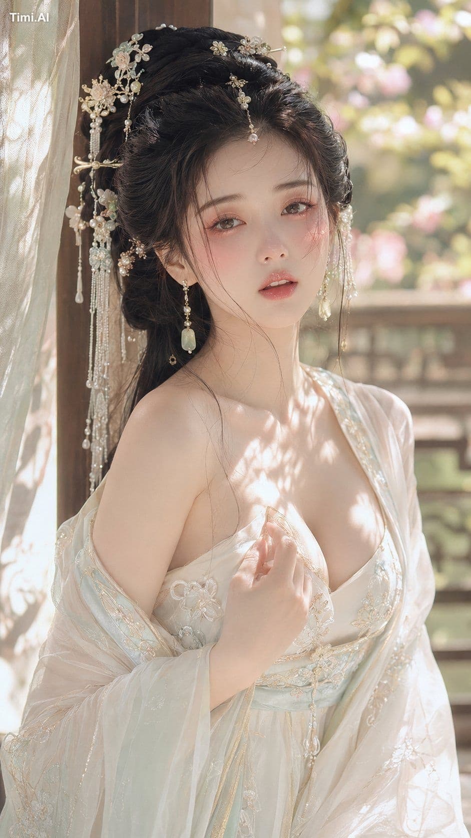 9:16 竖版,古风贵女花影水光美妆写真,东方水光显妆贵女人像,美妆特写到胸像近景构图,正面轻微侧身,安静看向镜头,嘴唇