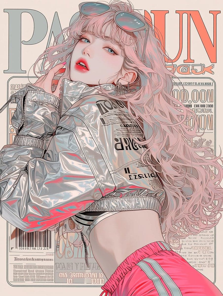 A magazine cover design featuring a [여/남], wearing a metalli