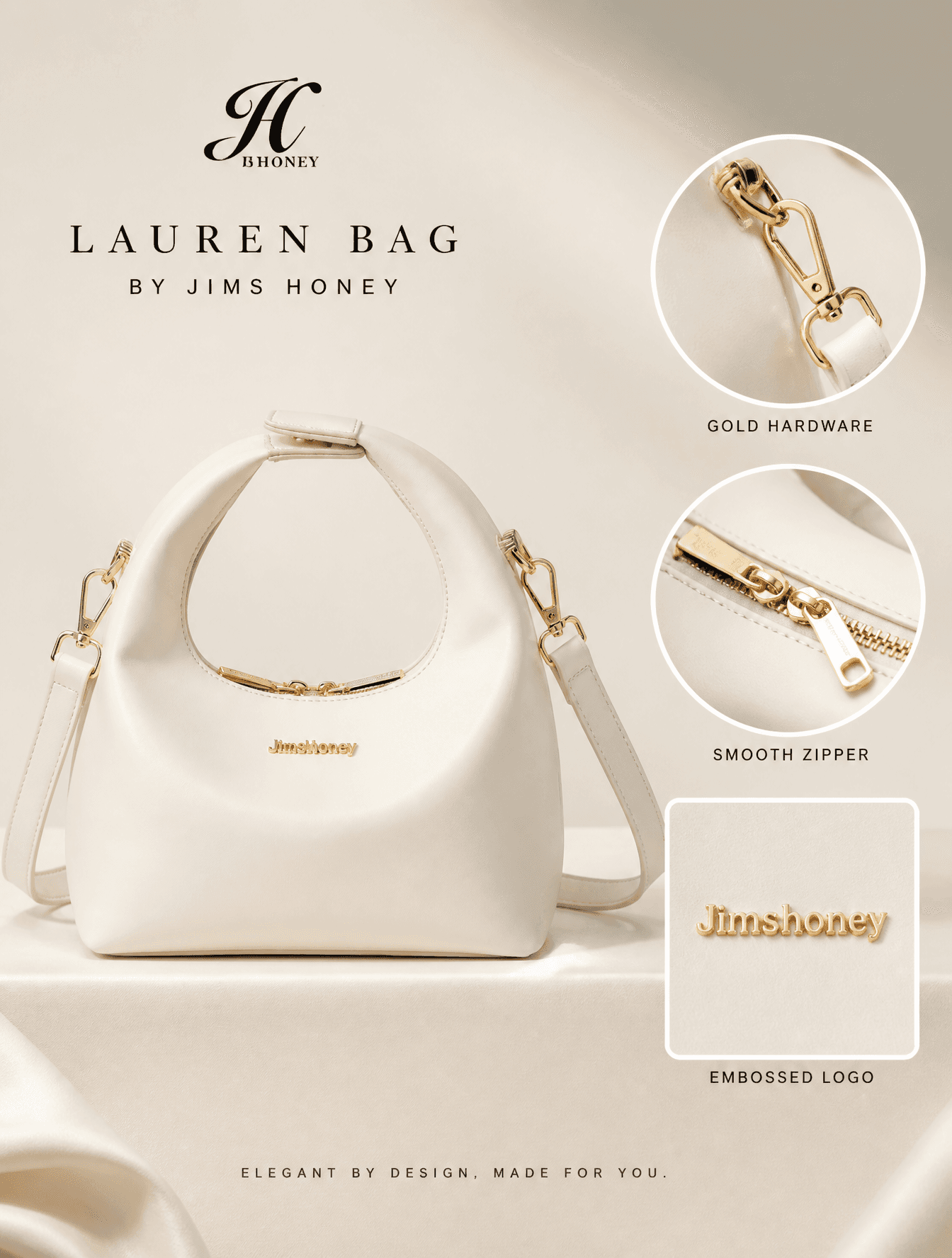 A high-end studio product advertisement features an off-whit