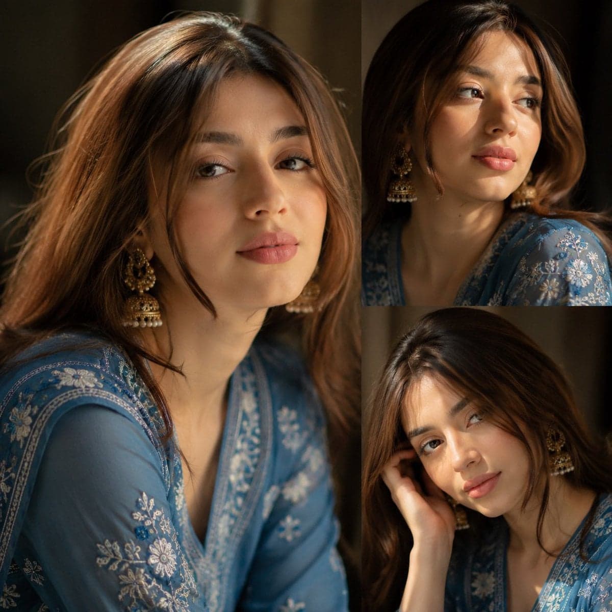 Ultra-realistic South Asian female portrait collage, three-p