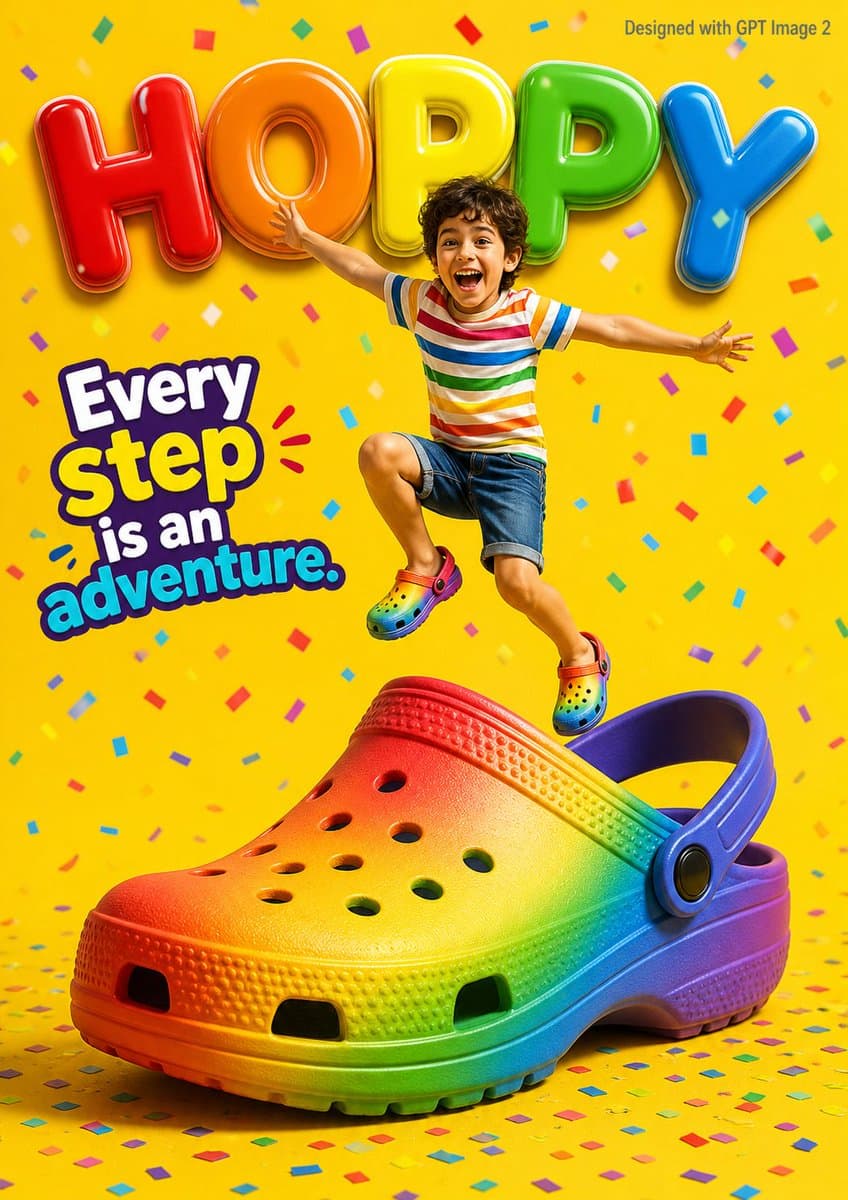 A vibrant children’s shoe advertisement poster featuring a j