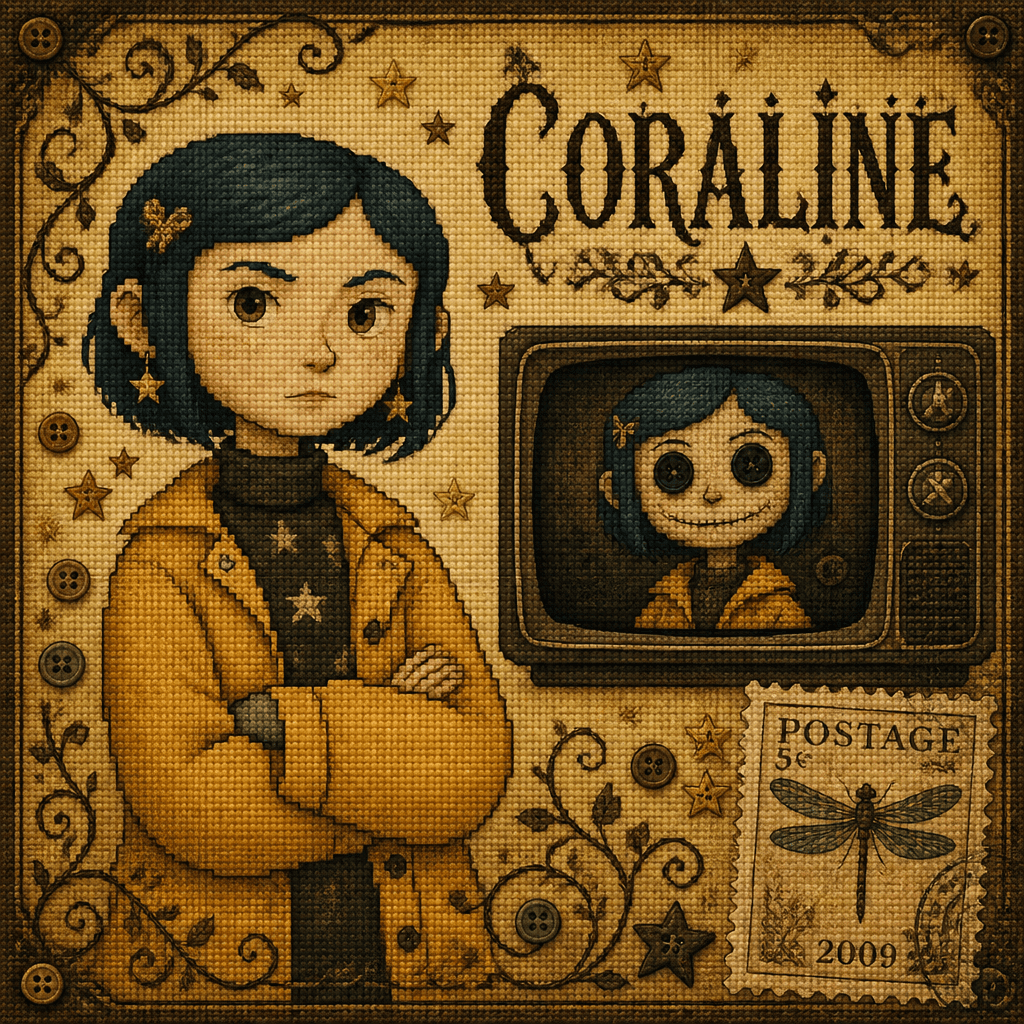 Vintage cross-stitch fan art illustration in scrapbook layou