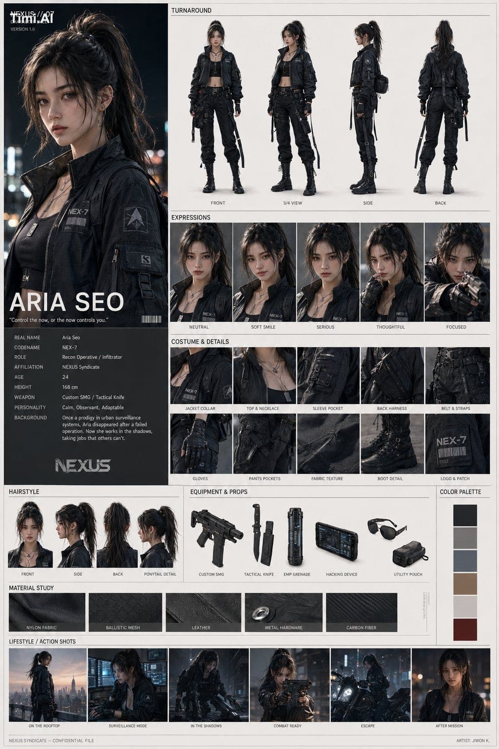 Create a premium AAA game character design reference sheet f